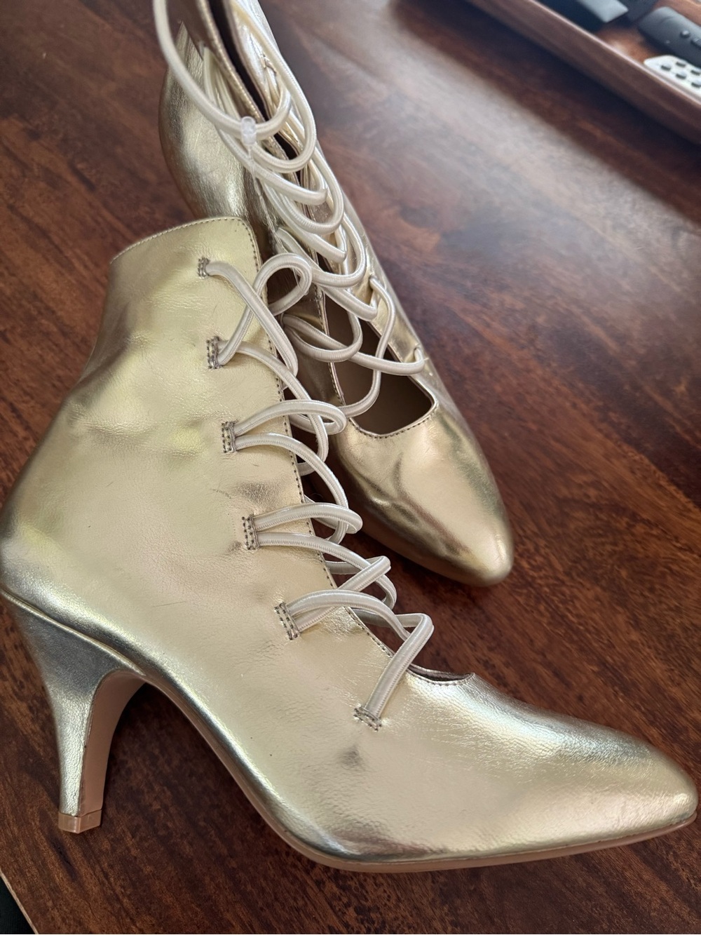 Free People Shiny Gold Lace Up Pointed Toe Boots
